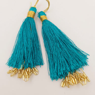Cyan Blue Tassels With Gold Beads, Beaded Thread Tassel Charms, Silky Tassels